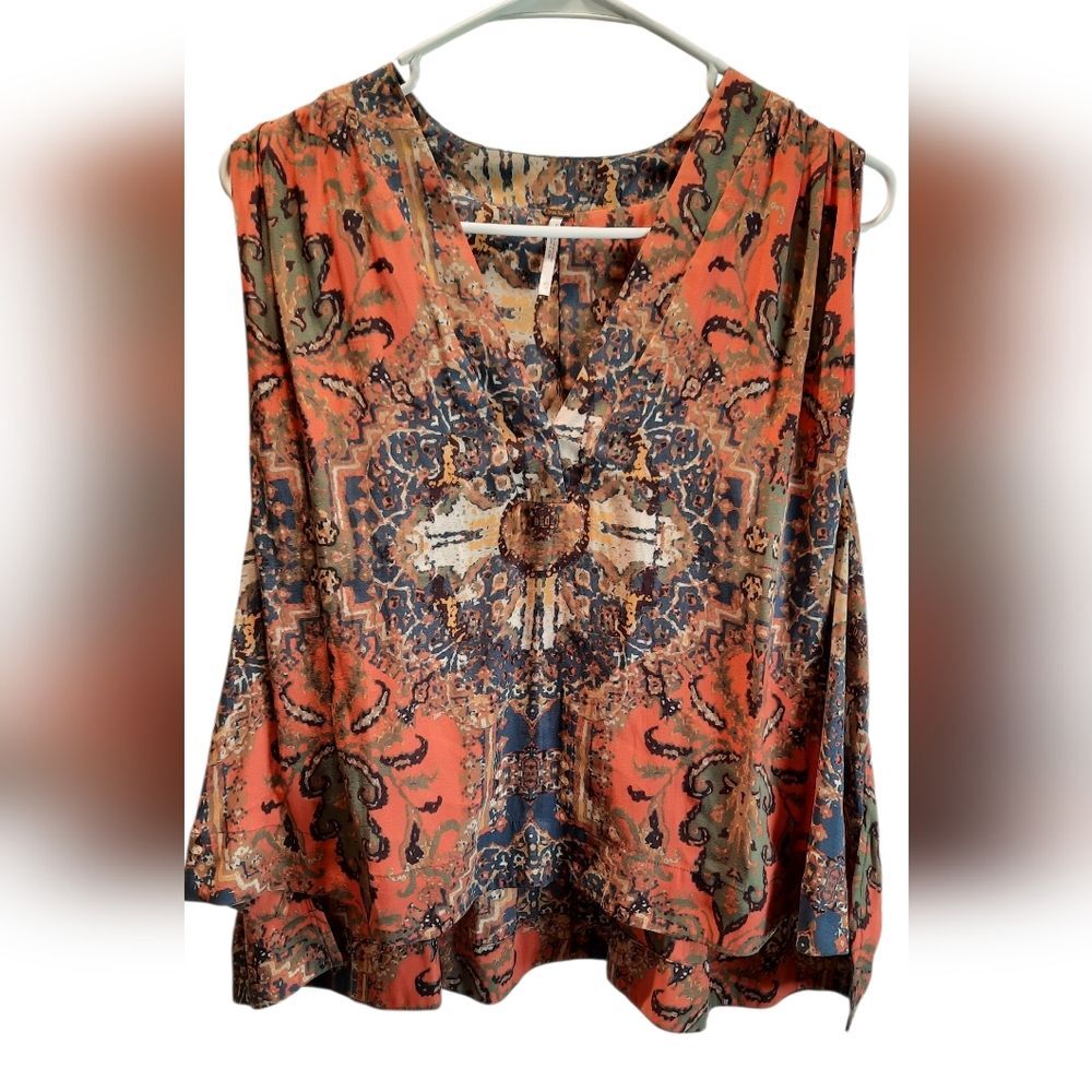 Free People Blpuse Womans XS Orange Tan Sleeveless Flowy Bohemian Hippie